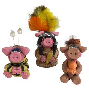 3 Clay Pig Art Sculpture Figurines Bumblebee Native American Indian Girl
